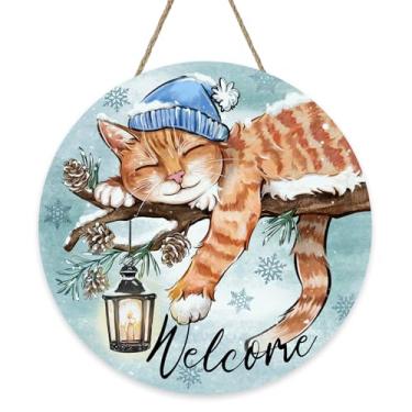 Imagem de Bolisom Placa Welcome Winter Sleeping Orange Cat para porta da frente, lanterna de pinheiro, cabide de madeira, varanda, decoração de casa, dono de animais de estimação, presente para amantes
