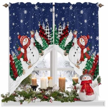 Imagem de Cortinas de Natal de boneco de neve para decoração de inverno, árvore de Natal, flocos de neve, fundo azul profundo, bolso para varão, cortinas de cozinha recortadas, tratamento de janela, sanefas