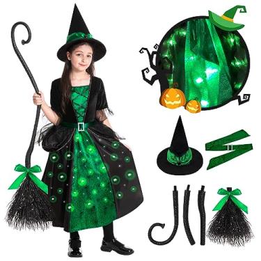 Imagem de Witch Halloween Costumes for Girls, Toddler Light Up Dress with Broom and Hat, Kids Witch Costume Glow in the Dark for Wicked Halloween Dress-Up Party (M) over 2 years