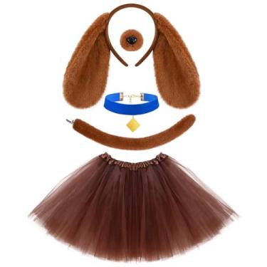 Imagem de Matiniy 5 peças de fantasia de cachorro marrom para Halloween, feminino, kit de acessórios para mulheres, com orelha longa, faixa de cabeça, gola azul, saia tutu e cauda de nariz para festa de
