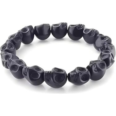 Imagem de Pulseira Caveira Preto Rock Punk Halloween Pedra Howlita Dia das Bruxas