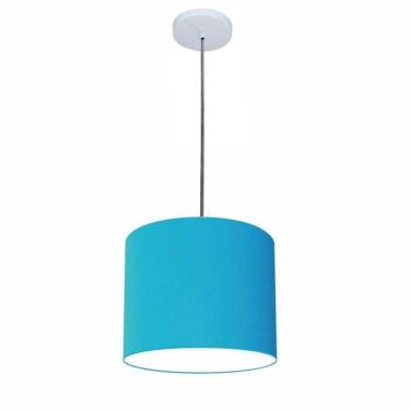 Imagem de Lustre Luminária Pendente Vivare Free Lux Pe-4106br Cúpula Em Tecido 20x25cm Azul-turquesa Canopla Branca E Fio Cristal