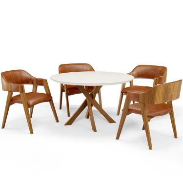 Imagem de Mesa De Jantar Redonda Cora 120cm Off White M04 com 04 Cadeiras Living Suran Couríssimo Camel - Lyam