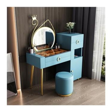 Imagem de Escrivaninha de penteadeira Mesa de toucador grande com gavetas, espelhos e bancos, conjunto maquiagem moderno armário armazenamento, penteadeira para quarto(Blue)