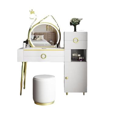 Imagem de Escrivaninha de penteadeira Mesa de toucador grande com gavetas, espelhos e bancos, conjunto maquiagem moderno armário armazenamento, penteadeira para quarto(Branco)