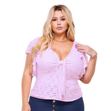 Imagem de Blusa Plus Size Feminina Gola V Amarração Manga Laise Renda de Malha -