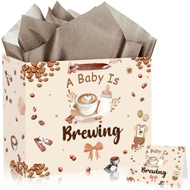 Imagem de JORHANCE Sacos de presente A Baby is Brewing - Design de café com papel de seda e cartão de aniversário - Something is Brewing Saco de presente para chá de bebê - Papel de embrulho de aplicação ampla