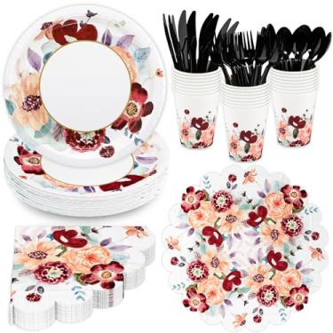 Imagem de DYLIVeS Artigos de festa floral, inclui pratos de 23 cm, guardanapos de 33 cm, copos de 255 g e talheres (serve 24, 144 peças) para festa de casamento, chá de panela, chá de bebê e festa de aniversário