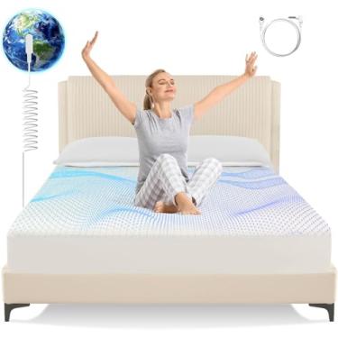 Imagem de Lençóis King com elástico terra terra 10% fibra de prata pura + 90% algodão orgânico, kit de aterramento para cama com cordão de aterramento para melhorar o sono e bem-estar (bege, King - 203 x 198 x