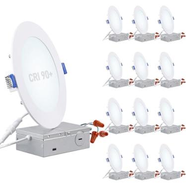 Imagem de TORCHSTAR Série básica pacote com 12 lâmpadas embutidas de LED ultrafinas de 15 cm com caixa de junção, alumínio, luz do dia 5000K, 5%-100% luz embutida fina regulável, 12W 1000LM, ETL e Energy Star