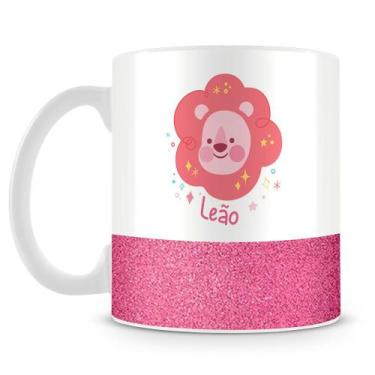 Imagem de Caneca de Porcelana Base Glitter Rosa com Estampa do Signo Leão - 325m