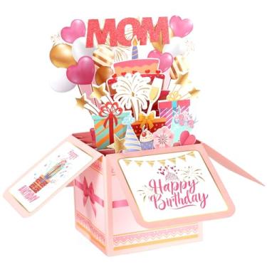 Imagem de Happy Birthday Mom Pop up Cartão, Cartão Aniversário 3D para Mãe Balões Coloridos e Fogos Artifício Bolo Caixa Presente com Envelope Cartões Criativos Popup para Mulheres Madrasta Madrinha