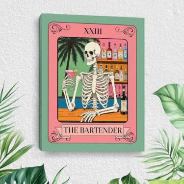Imagem de Arte de parede de tarô The Bartender, Esqueleto engraçado barman bebendo coquetel, impressões em tela emolduradas góticas, arte vintage para paredes, pinturas retrô para bar, pub, sala de estar