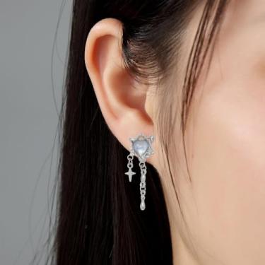 Imagem de Y2K Brincos de pingente de borla de quatro pontas adoráveis brincos de imitação de pedra da lua, brincos fofos de estrela de prata para mulheres, 1 par