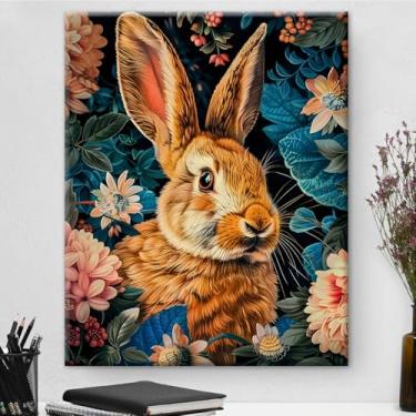 Imagem de Arte de parede botânica de coelho vintage emoldurada - Decoração de parede com flores escuras Academia para sala de estar quarto casa 20 x 25 cm