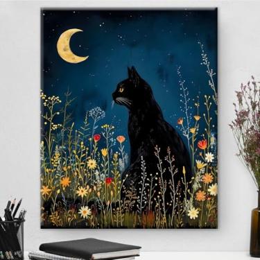 Imagem de Arte de parede botânica de gato preto vintage emoldurado - Decoração de parede com flores escuras Academia para sala de estar quarto casa 20 x 25 cm