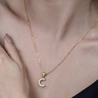 Imagem de Colar com pingente de cristal banhado a ouro 18 K - joia com monograma de strass para presentes personalizados e uso diário, F, Aço inoxidável, Sem Pedra Preciosa