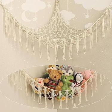 Imagem de Bolsa de rede de armazenamento de corda de algodão feita à mão, brinquedo, rede para pendurar na parede, quarto das crianças, bolsa de armazenamento de bonecas