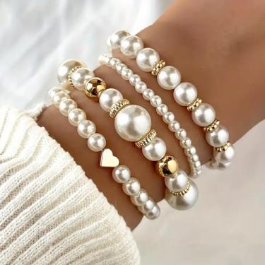 Imagem de Conjunto de 4 peças de pulseiras elásticas em camadas douradas e rosa para mulheres, elegantes pulseiras de coração empilháveis de pérolas femininas fofas joias de férias de verão, Medium, Liga de aço
