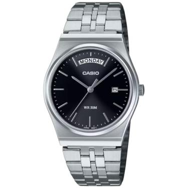 Imagem de Casio MTP-B146D-1AV Relógio analógico masculino vintage de aço inoxidável com mostrador preto e data, Prata, Casual