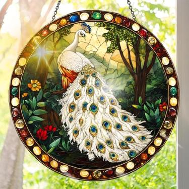 Imagem de Apanhador solar de acrílico colorido, decoração de janela suspensa de pavão com design de vitral impresso, apanhador de sol, arte de parede de arco-íris, ideia de presente e ornamento de jardim para