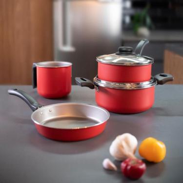 Imagem de Conjunto De Panelas 4 Peças Brinox Ruby Interno Antiaderente Pro-Flon Tampas De Vidro Vermelho