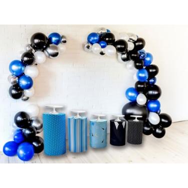 Imagem de 5 peças de capas cilíndricas para mesa de sobremesa, tema lua, estrelas, decoração de festa de aniversário, listras azuis, coberturas de pedestal redondas para exibição de bolo, chá de bebê, evento