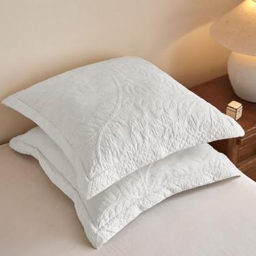 Imagem de MarCielo 2 peças de fronhas acolchoadas de algodão bordadas fazenda bordadas Euro Shams 66 cm x 66 cm (Euro, branco)