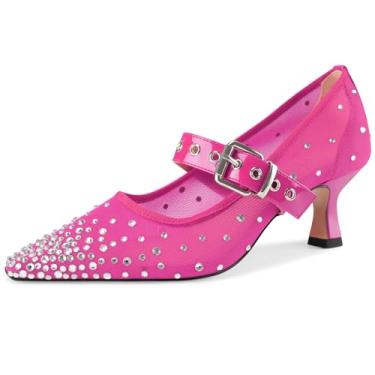 Imagem de Sandália feminina de malha fechada bico fino com strass tira no tornozelo fivela salto gatinho Mary Jane sapatos elegantes para formatura casamento 5 cm, Rosa choque, 37