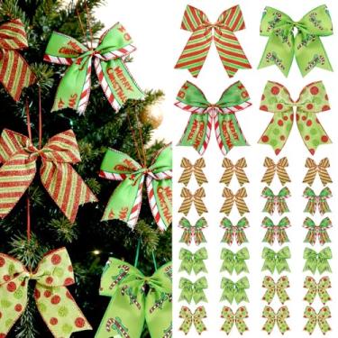 Imagem de 24 peças de laços de Natal verdes vermelhos de 15 cm grandes de guirlandas de Natal com glitter, bolinhas, arco de bengala doce, enfeite de árvore de Natal para embrulho de presente, decoração de casa