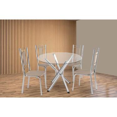 Imagem de Conjunto: Mesa Sala Jantar Volga C- Tampo De Vidro 95cm E 4 Cadeiras Florença Cromada - Courano Bege - Kappesberg