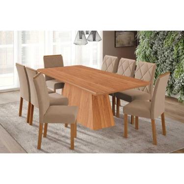 Imagem de Conjunto: Mesa Sala Jantar Helena Tampo Madeirado 210x100cm E 8 Cadeiras Fernanda Cinamomo - Carvalho-linho Bege - Cimol