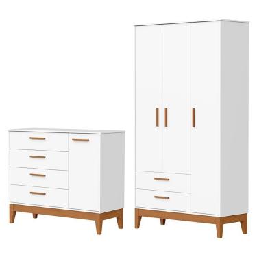 Imagem de Jogo De Quarto Infantil Flip Guarda Roupa 3 Portas E Cômoda 1 Porta Branco Fosco - Reller Móveis Branco Fosco