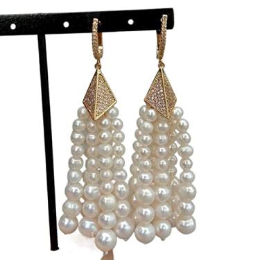 Imagem de Brincos brancos cultivados quase redondos de água doce, pérola banhada a ouro, brincos feitos à mão com gancho