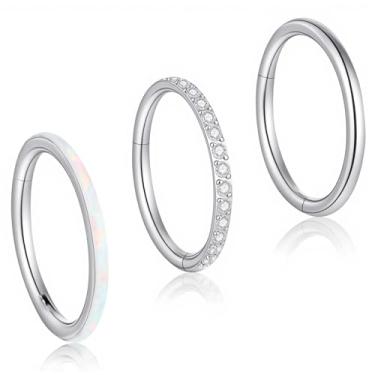 Imagem de Yolev 3 peças de anéis de nariz 18G, argolas de aço inoxidável, argolas de nariz articuladas, zircônia cúbica, anel de lábio, prata, hélice, cartilagem, argola, brinco de concha, piercing corporal