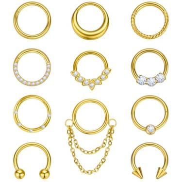 Imagem de BSJ4U Anéis de septo banhados a ouro 16G, joia de septo, aço inoxidável cirúrgico, concha daith, piercing de septo, 8 mm, argola clicker de septo