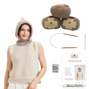 Imagem de Chic Loops Kit de tricô para iniciantes, cachecol com capuz de malha, kit de crochê para adultos, gorro balaclava macio e aconchegante para mulheres, esportes ao ar livre com instruções (grama murcha)