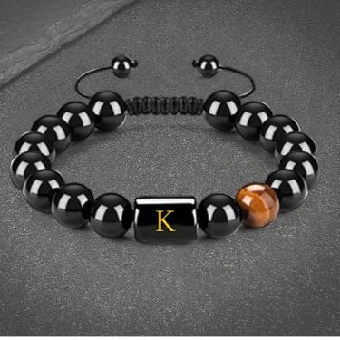 Imagem de Pulseiras masculinas com contas iniciais – Pulseira masculina feita à mão de 10 mm com pedra vulcânica e pedra vulcânica, pulseiras para alívio de estresse, Large, Aço inoxidável, Sem Pedra Preciosa