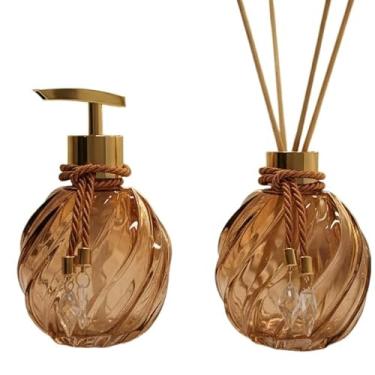 Imagem de Kit Lavabo Decorativo Completo Vidro 300ml | Saboneteira + Difusor + Bandeja - Decoração Elegante para Lavabo e Banheiro(Com Bandeja,Ambar Degrade C/Dourado)