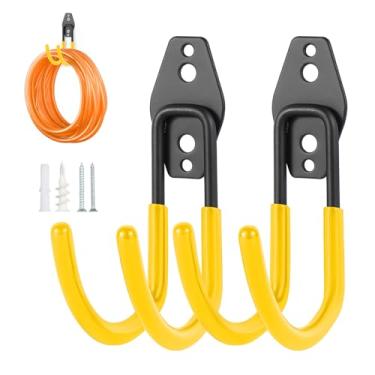 Imagem de Pruite Suporte de parede para mangueira, suporte de mangueira resistente com parafusos, cabides de mangueira de metal para fora, suporte de mangueira adequado para garagem, jardim e quintal, amarelo
