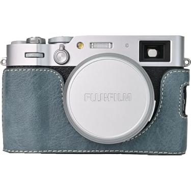 Imagem de Capa X100VI, capa BMAOLLONGB feita à mão de couro liquei, meia câmera, versão com abertura inferior para Fujifilm X100VI com alça de mão (azul)