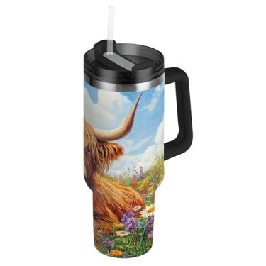 Imagem de SEHANY Copo Highland Cow 1,134 g com tampa e canudo, aço inoxidável de vácuo duplo isolado garrafa de água esportiva suporte para copo de café de viagem à prova de vazamento para bebida gelada
