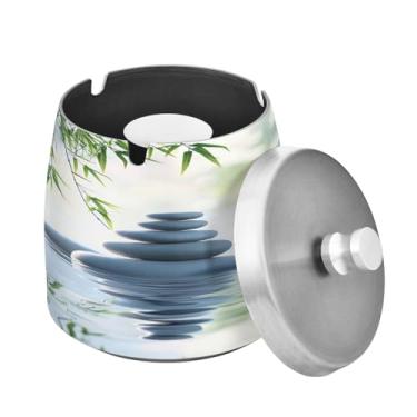 Imagem de Blueangle Lindo cinzeiro de pedras de bambu com tampa para cigarros, à prova de vento/chuva, aço inoxidável, sem fumaça, inodoro, cinzeiro para uso interno ou externo (244)