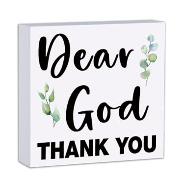 Imagem de SUDIKUB Decoração de casa fofo Dear God bloco de madeira aconchegante decoração de sala de estar decorações cristãs para quarto casa de fazenda entrada lareira suporte de TV cômoda de parede