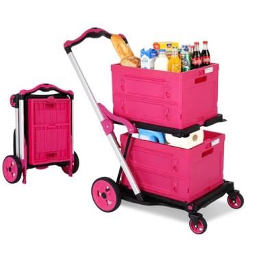 Imagem de Carrinho de compras dobrável com rodas, carrinho de compras com capacidade de 90 kg com rodas com caixa de armazenamento, carrinho de mão plataforma com freio de pé rosa