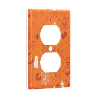 Imagem de Blueangle Placa de parede frente e verso de caveira de Halloween, tamanho padrão, placas de cobertura de tomada elétrica de 1 gangue para decoração de quarto de escritório em casa, 4,53 x 2,76