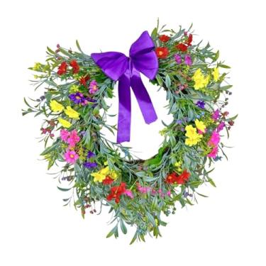 Imagem de CarpNettore Guirlanda em forma de coração, guirlanda para porta de entrada, aro floral decorativo, de flores de gipsófila com laço, Roxo