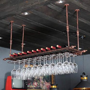 Imagem de APUM Suporte de metal para pendurar para copos de vinho – Suporte de garrafa de vinho de teto, prateleira de vinho de ferro, altura ajustável, para bares, restaurante, cozinha