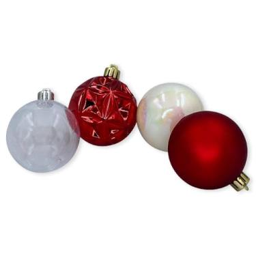 Imagem de Kit com 30 Bolinhas Texturizadas de Natal, 6cm, Vermelho, Polipropileno, 4 Texturas Diferentes, com Cordinha 17cm