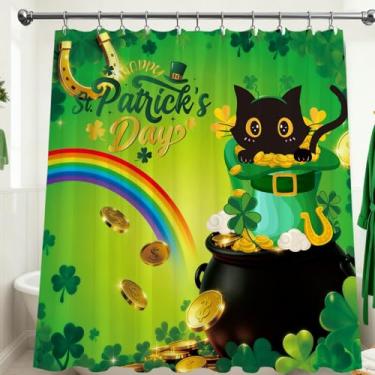 Imagem de InIsaJace Cortina de chuveiro do Dia de São Patrício, cortina de banheira de trevo e gato preto, chapéu de trevo decoração de banheiro impermeável com ganchos (182 x 182 cm)